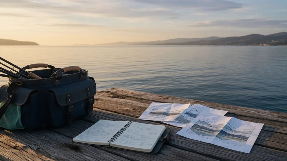 Fishing gear, field notes, and coastal condition charts on a dock