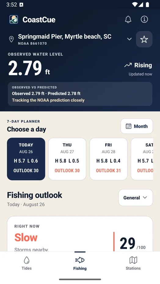 CoastCue fishing outlook on Android showing the current station, seven-day planner, trip call, and best fishing window