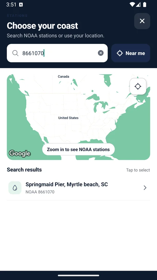 Real CoastCue Android station chooser showing NOAA stations on a map with search by place or station ID