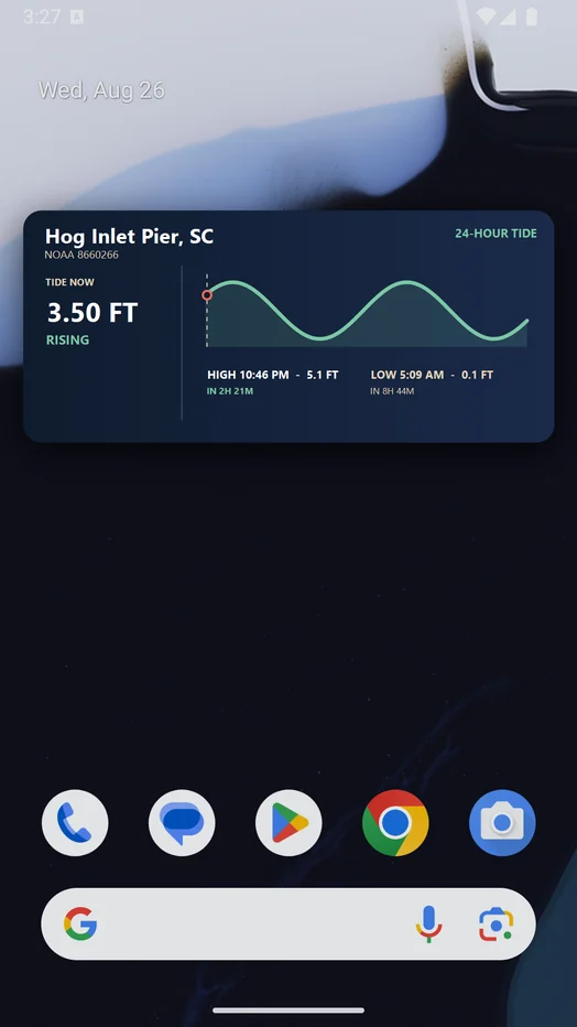 Exact CoastCue 24-hour tide widget preview for Hog Inlet Pier on an Android home screen
