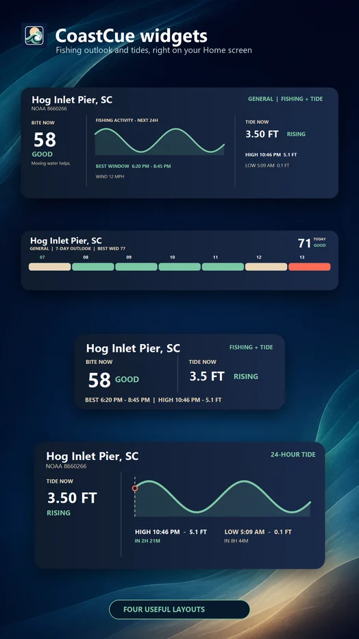 CoastCue's four current Android widget layouts, using exact app preview assets on a branded presentation background